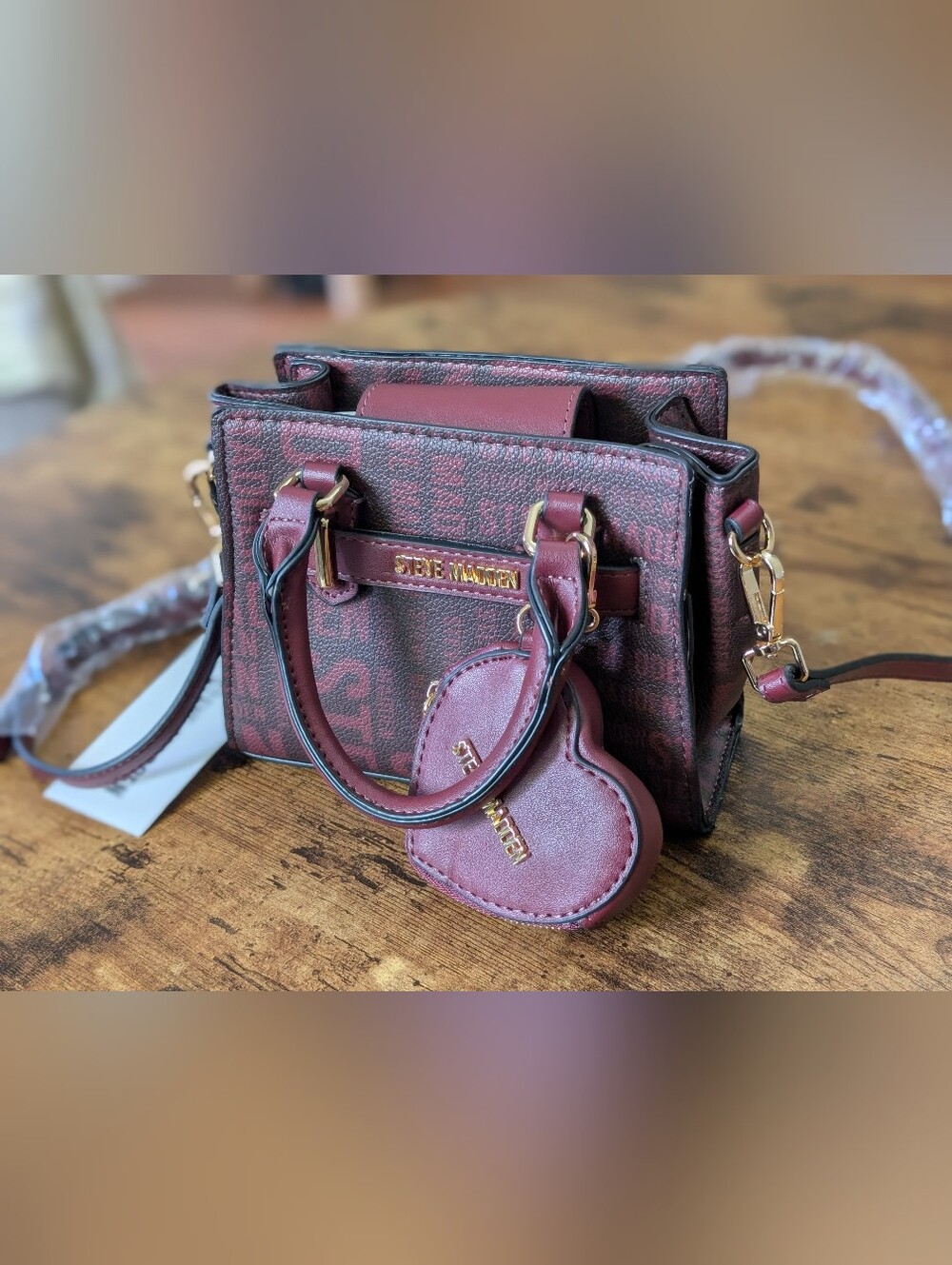 NWT Steve Madden Burgundy Mini Satchel with Heart Charm Coin Purse